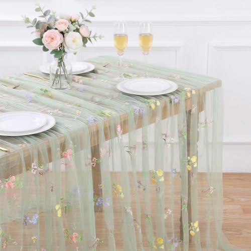 Floral Wildflower Tablecloth 60x120 Inches Sheer Sage Green Tulle Fabric - color: Sage Green, size: 60"x120", 1 Pc