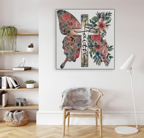Butterfly Flower Stamped Cross Stitch Kits Cross Stitch Patterns,Religious Cross Dimensions Cross Stitch Kits Embroidery Kit Arts and Crafts for Beginners 13.7x13.7 inch - color: D034