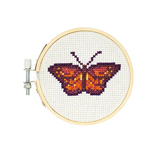 Kikkerland DIY Mini Cross Stitch Butterfly Embroidery Craft Starter Kit Set, with Pattern Instructions, 3" Bamboo Hoop, Stress Relief, Adult Beginner Friendly - color: Bamboo, Polyester floss, 90% cotton 10% polyerster fabric
