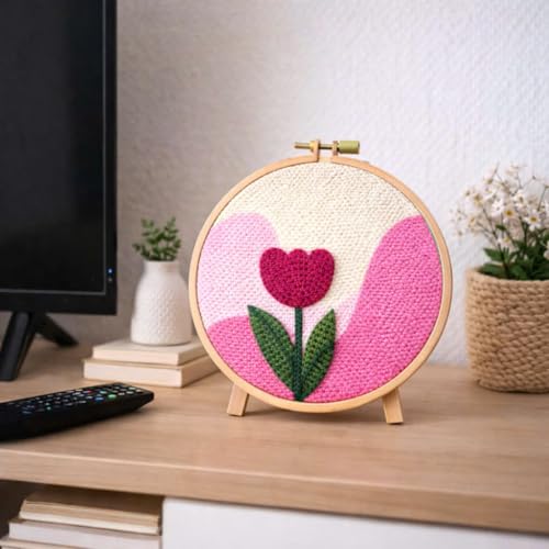 CELCRAFTIQUE Punch Needle Kits for Adults Beginner, Tool with Punch Needle Fabric, Hoops, Yarns and Sewing Needles (Blush Tulip) - color: Blush Tulip