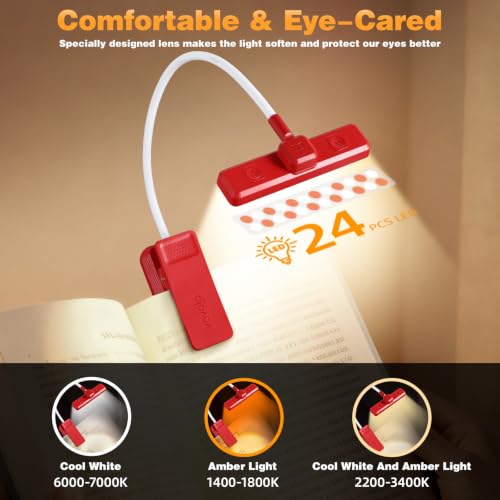 VAVOFO 24 LEDs Rotatable Book Light, Rechargeable Clip Reading Lamp, Red - color: Red