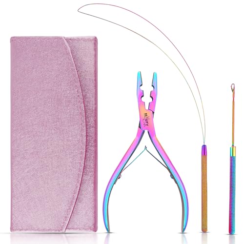 Beauty & Crafts Micro Links Hair Extensions Kit- Stainless Steel Beads Closer and Remover plier, Hair Extensions Loop Needle Pulling Hook, Bead Tool for Hair or Feather Extensions with Leather Pouch - color: Rainbow