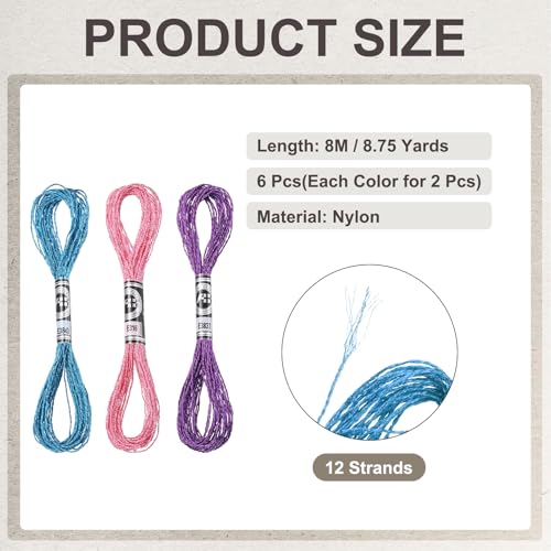 PATIKIL 6 Skeins Embroidery Floss, Metallic Embroidery Thread Nylon Threads Bracelets String for Cross-Stitch Hand Embroidery, Blue/Pink/Purple - color: Blue/Pink/Purple
