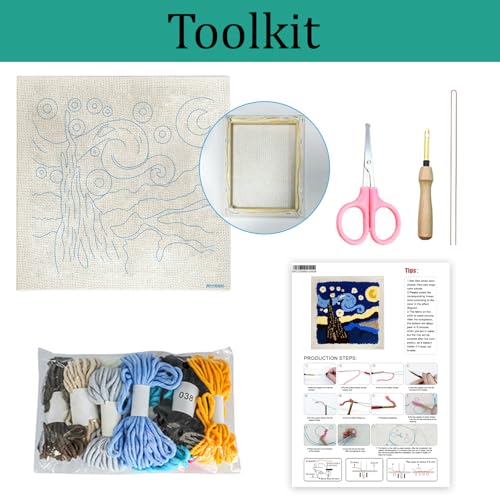 ZuoAnLF Punch Needle Kit with Hoop for Beginners, DIY Handmade Punch Needle Set with Yarn and Pattern Fabric, Relaxing Craft Activity for Adults and Teens, Home Décor & Gift Idea (Night) - color: Night