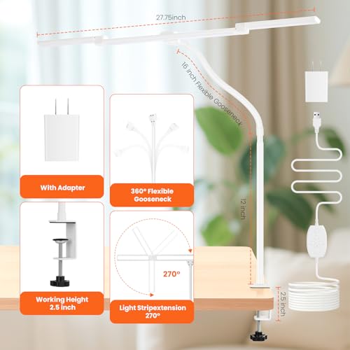 LED Desk Lamp for Office Home, Adjustable 3 Head Desk Light with Adapter - color: White