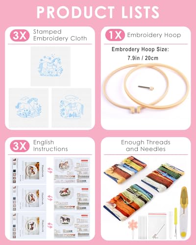 TINDTOP Embroidery Kit for Adult, 3 Pack Embroidery DIY Starter Kit - color: Horse