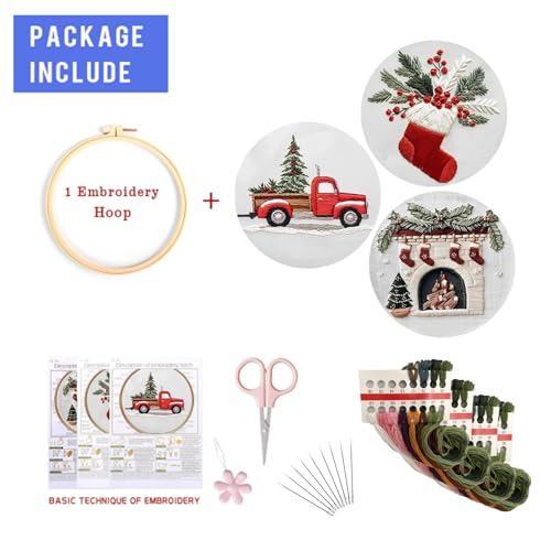 EOBTAIN 3 Pcs Christmas Embroidery Kit for Beginners,Red Christmas Embroidery Kits for Adults,Cross Stitch Kits for Beginners with Pattern, Needles, Threads, Tools,Hand DIY Craft Kits for Adults - color: Red