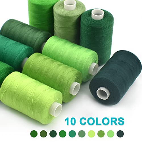 Sewing Thread 10 Color Sewing Industrial Purpose 1000 Yards Per Spool 40S/2 Polyester for DIY Sewing Machine,Embroidery Machine,Hand Sewing (Green) - color: Green
