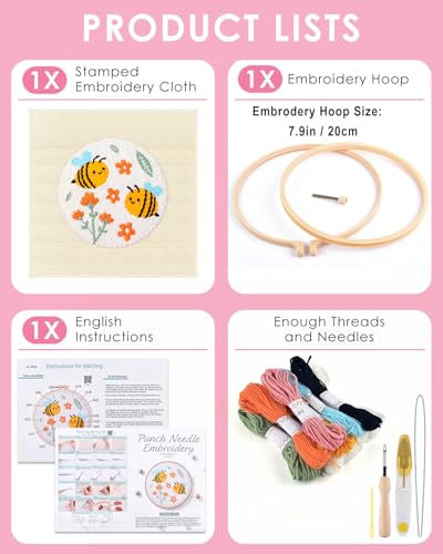 TINDTOP Punch Needle Kits, DIY Punch Embroidery Kits for Adults Beginner, Tool with Punch Needle Fabric, Hoops, Yarns and Sewing Needles (Set E) - color: Set E