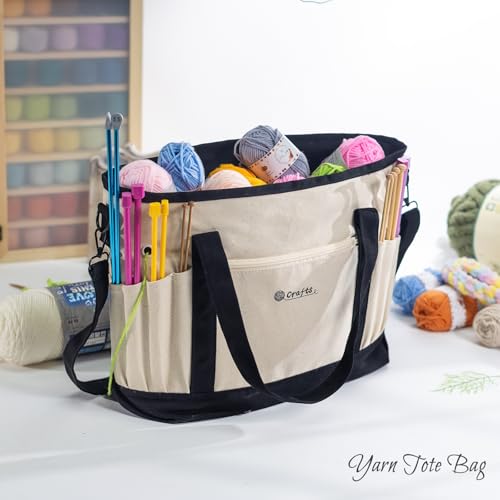 MYBAGZING Canvas Yarn Storage Organizer Bag Washable Crochet Bag with Pockets for Yarn, Hooks, Needles – Travel Knitting Tote for Crafters – Gift for Crocheters & Knitters (Medium/Large) - color: Nature-Black, size: Large-15”
