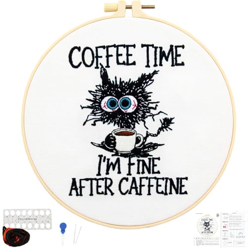 Cute Cat Embroidery Kits for Beginners Adults, Coffee Hand Embroidery Starter Kit, Stamped Cross Stitch Kits for Beginners Adult Craft Kit for Women, Entire Set of Embroidery Supplies & Video Tutorial - color: H2077, size: 8Inch