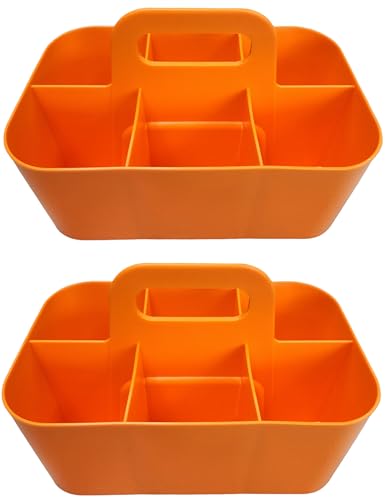 2 Pack Small 6 Compartment Multiuse Caddy Organizer with Handle Art Craft Supplies, Office, Desk, Stationery Pen Holder Stackable- Made In USA (Orange) - color: Orange