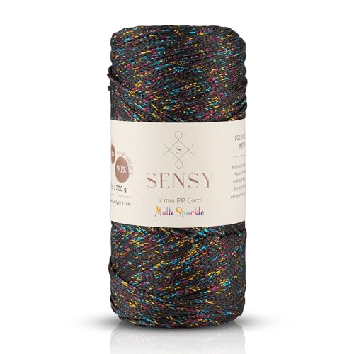 Sensy Premium 2mm 251 Yards Sparkle Polyester Rope 90% Polypropylene 10% Polyester Cord Macrame Cord 2mm Crochet Bag Cord Macrame Rope Crochet Thread for Knitter (Anthracite Multi Sparkle) - color: Anthracite Multi Sparkle, size: 1 Skein