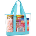 Handy Laundry Clear Tote Bag - Zipper Closure, Long Shoulder Strap, Fabric Trimming. - color: Teal