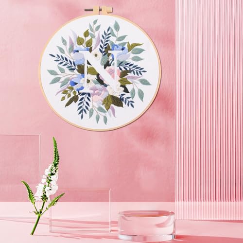 IUHUI Embroidery Kit for Beginners Adults - 26 Floral Letters Easy Patterns, DIY Hand Stitching Embroidery Set with Hoop (Flower and Grass Letter N) - color: Flower and Grass Letter N