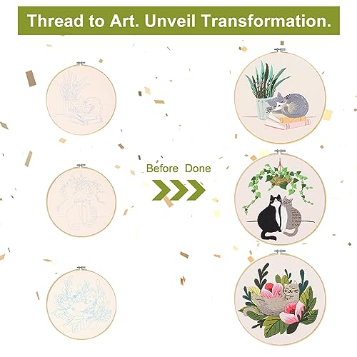 Santune 3 Pack Embroidery Kit for Beginners with Pattern, Cross Stitch Kits for Adults with Instructions,Needlepoint Kits for Adults Include 1 Embroidery Hoops,Color Threads and Needles(Cat) - color: Cat Series