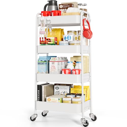 TOOLF 4 Tier Metal Rolling Cart, Utility Storage Cart with Wheels, White - color: White, size: 4-Tier