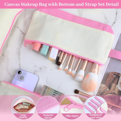 Silkfly 15 Pcs Cotton Canvas Makeup Bags Cosmetic Zipper Bags 10.2 x 5.5 x 2'' Blank DIY Pouch Bulk Pencil Case with Bottom Travel Toiletry Pouch for Women Craft Decor Gift (Beige and Pink) - color: Beige and Pink