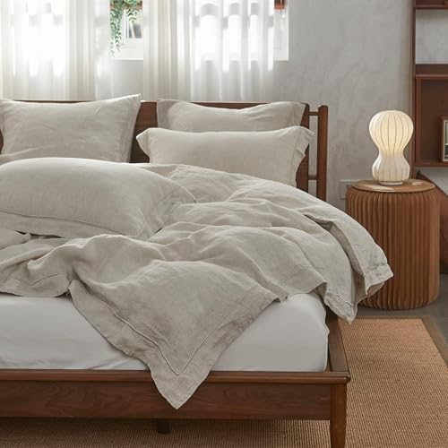 Simple&Opulence 100% Linen Duvet Cover Set with Embroidery Border Washed - 3 Pieces (1 Duvet Cover with 2 Pillow Shams) with Button Closure Soft Breathable Farmhouse - Linen, Queen Size - color: Linen, size: Queen