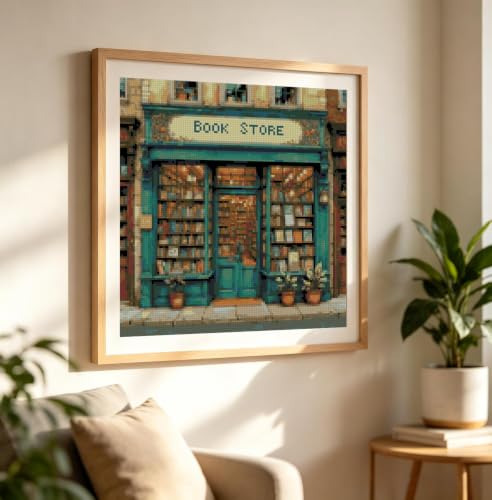 Vintage Book Store Stamped Cross Stitch Kits for Adults, 11CT Needlepoint Counted Cross Stitch Kits for Beginner, Printed Dimensions Embroidery Kit Art Craft for Home Wall Decor 14x14 Inch - color: SZXY010-US