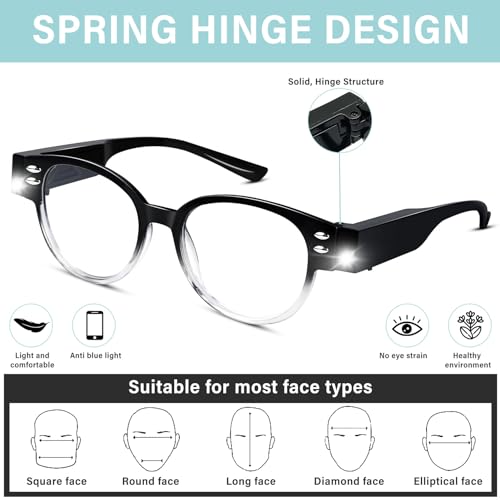 Lighted Reading Glasses with LED Magnifier, Blue Light Blocking, 3.5x Magnification, Black, Unisex Adult - size: +300