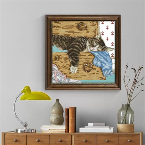 JOYSEWING Sleeping Cat Stamped Cross Stitch Kits,Animals Counted Cross-Stitch Needlepoint Kits for Beginners,Embroidery Kit Arts and Crafts Home Decor (Lovely Lazy cat(11CT) 14.96 ×15.35 inch) - color: Lovely lazy cat(11CT) 14.96 ×15.35 inch
