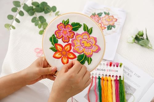 Embroidery Kit for Beginners – Set of 3 Floral Patterns with Hoops, Threads, Needles & Instructions, DIY Hand Embroidery Starter Kit for Adults