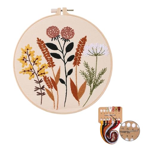 ELTONGUU Beginner Embroidery Kit for Adults, Easy to Learn Floral Patterns - color: Brown-Flower