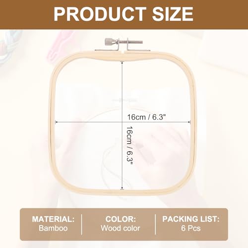 PATIKIL 6 Pieces 6.3" x 6.3" Square Embroidery Hoops, Adjustable Bamboo Cross Stitch Hoops Ring Embroidery Frame Punch Needle Hoop for Sewing, Needlework, DIY - size: 6.3" x 6.3"