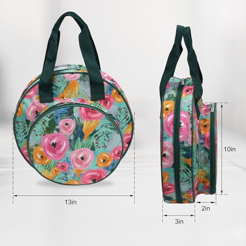 Round Embroidery Project Bag, Tote for Hoops, Floss&Sewing Supplies - color: Green Floral