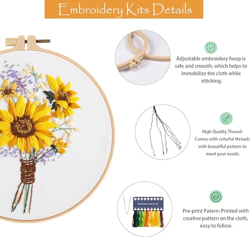 GLTAYLMY 3 Sets Embroidery Starter Kit with Pattern and Instructions, Cross Stitch Set, Stamped Embroidery Kits with 3 Embroidery Clothes with Pattern, 1 Embroidery Hoop(Sunflower) - color: Sunflower
