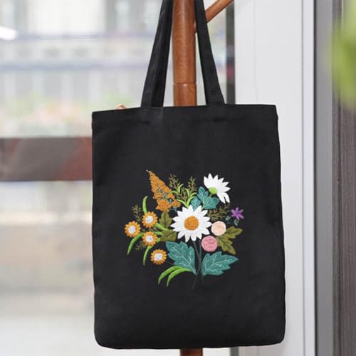 KABAKE Canvas Tote Bag Embroidery Kit, Embroidery Kits for Beginners, Arts and DIY Crafts Embroidery Starter kit, Include Stamped Embroidery Bag, Threads, Embroidery Tools (Black Bag with Floral) - color: Black Bag with Floral