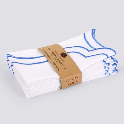 NATURALCRAFT Scalloped Cloth Napkins 18x18 in - White Edges Light Blue - color: White Napkin With- Light Blue Edges, size: 18" x 18" (Set of 6)