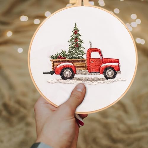 FONNUY Crewel Christmas Embroidery Kit for Beginners, Cross Stitch Set Winter Snow Scene Pine Owl Pattern for Adults, Easy to Follow Color Thread Needlework, 8'' Hoop (Trunk and Tree) - style: Trunk and Tree