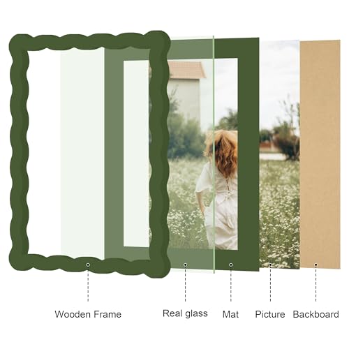 6x8 Picture Frame with Mat for 5x7, Wavy Edge Wooden Real Glass Photo Frame for Tabletop and Wall Hanging, Green, 1 Pack - color: Green, size: 6x8 in