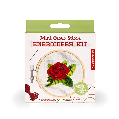 Kikkerland DIY Mini Cross Stitch Rose Embroidery Craft Starter Kit Set, with Pattern Instructions, 3" Bamboo Hoop, Stress Relief, Adult Beginner Friendly - color: Rose