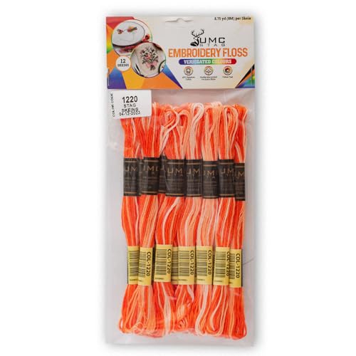 Pack of 12 Premium Embroidery Thread | 100% Egyptian Cotton Premium Skeins | Cross Stitch Embroidery Floss | Oeko TEX Certified | Ideal for Arts & Crafts (Orange Variegated 1220) - color: Orange Variegated 1220