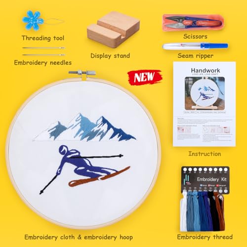 Embroidery Kit for Adult Beginners,Skiers Snow Mountain Embroidery Kit with Step-by-Step Instructions & Video,Printed Cloth,7.87" Hoop,Display Stand,Color Threads and Tools for Craft Lover(BES012) - color: Blue and brown skier