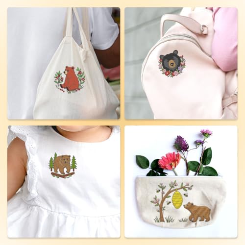 19Pcs Bear Flowers Water Soluble Hand Sewing Stabilizers, 8.3"x11.7" Cute Bear Mountain Forest Embroidery Pattern Stabilizer, 4 Sheets Animal Stick and Stitch Embroidery Paper Sticker