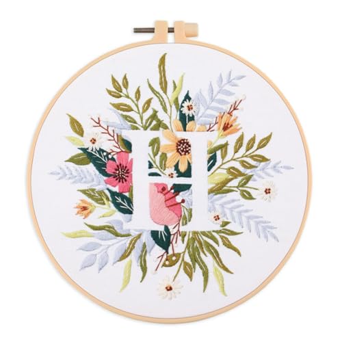 IUHUI Embroidery Kit for Beginners Adults - 26 Floral Letters Easy Patterns, DIY Hand Stitching Embroidery Set with Hoop (Flower and Grass Letter H) - color: Flower and Grass Letter H