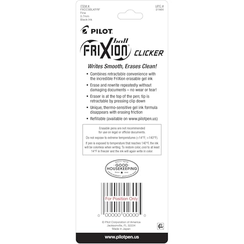 PILOT FriXion Clicker Erasable Pens, Fine Point 0.7 mm, Black Ink, 3-Pack - color: Black