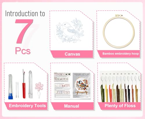 Huacan Embroidery Kit for Beginners Adults Includes Stamped Bird Pattern, Hoop, Color Threads,Tools,Easy to Follow Instruction