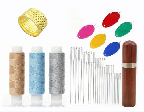 35PCS Large Eye Sewing Needles, Big Eye Steel Needle Set, Stainless Steel Needles for Hand Sewing, Stainless Steel Yarn Knitting Needle with Threader Thimble for Crafts, Repair Quilting