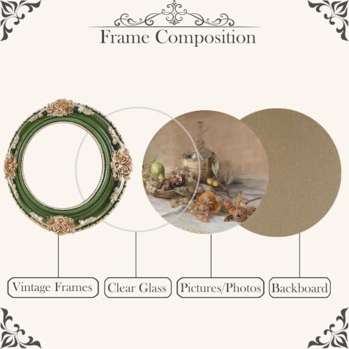 Vintage Picture Frames 3x3 Ornate Green and Gold Antique Pictue Frames with Real Glass Cover for Wall & Tabletop Display Victorian Home Decor Gallery Wall Decor,Round - color: Green, size: 3X3