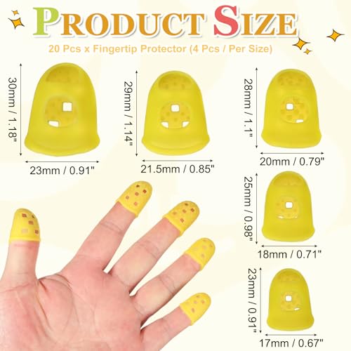 PATIKIL Rubber Finger Tips, 5 Sizes 20 Pcs Guitar Fingertip Protector Silicone Thimbles Knitting Accessories for Hand Sewing Paper Sorting Money Counting Guitar Playing, Yellow - color: Yellow