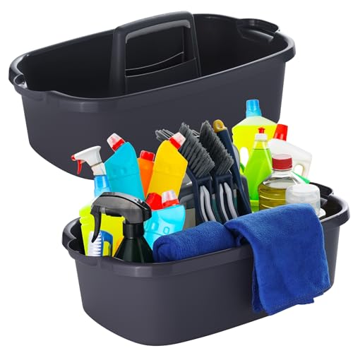 2-Pack Large Gray Cleaning Caddy for Cleaning Supplies with Handle - Portable Plastic Tote Organizer for Shower, Bathroom, Kitchen, Under Sink Storage