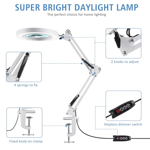 LANCOSC 10X Magnifying Glass with Light and Stand, Optical-Grade Glass Lens, 3 Color Modes Stepless Dimmable, Adjustable Swivel Arm, LED Magnifier Desk Lamp for Close Work Repair Crafts Reading, White