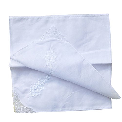 6 Pack of Ladies Embroidery Cotton Handkerchiefs Lace Wedding Hankies - color: White