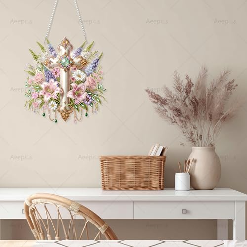 Aeepics Hanging Diamond Art Kit for Adult Religious, DIY Diamonds Painting Pendant Ornament Kit, Acrylic Diamond Art Painting Board Kit (Cross) - color: Cross