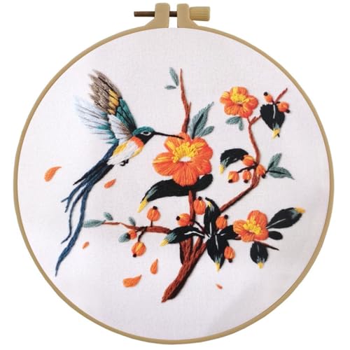 Esffaci Embroidery Starter Kit for Adult Beginner with Hummingbird‌ Flowers Pattern Hand Embroidery Set with Embroidery Cloth Hoop Needle Threader Embroidery Floss and Instruction - color: Hummingbird